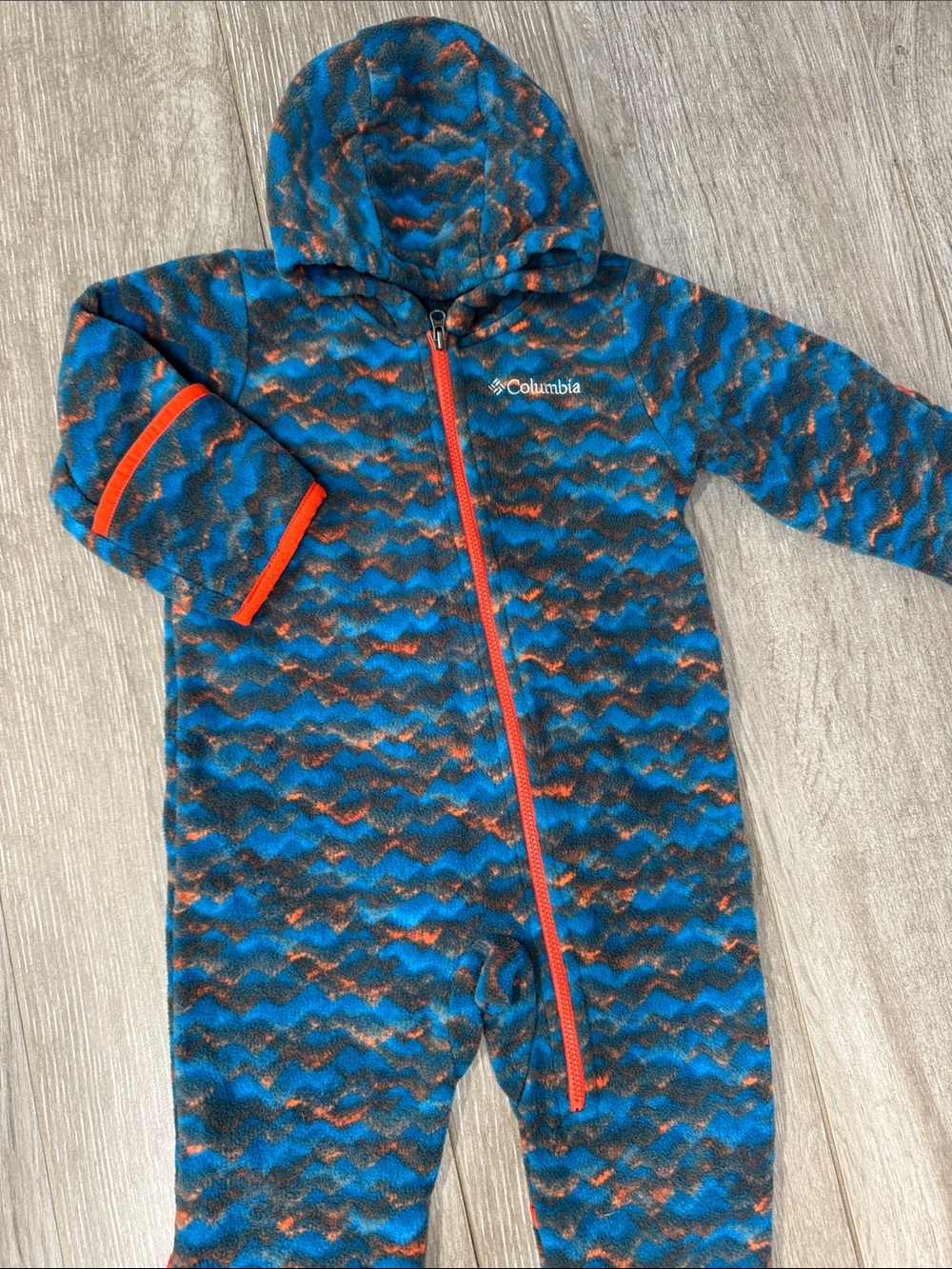 Columbia Blue & Orange Patterned Fleece Hooded One-Piece